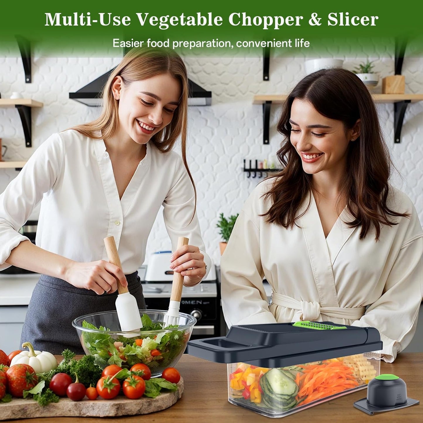 Vegetable Chopper Vegetable Cutter, 12 in 1 Kitchen Gadget, Dicer, Slicer, Onion Cutter, Salad, Cheese Grater & Egg Separator - Multi-Functional Veggie Chopper Lid with Handle (Green)