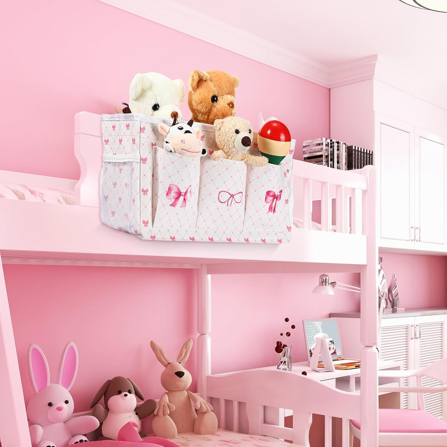 Pink Bow Bedside Caddy, Cute Bow Bedside Organizer, Pink Coquette Aesthetic Hanging Storage Caddy Bag with Fixed Strap and Water Bottle Holder for Home, College, Dorm, Bunk, Hospital, Bed Rail