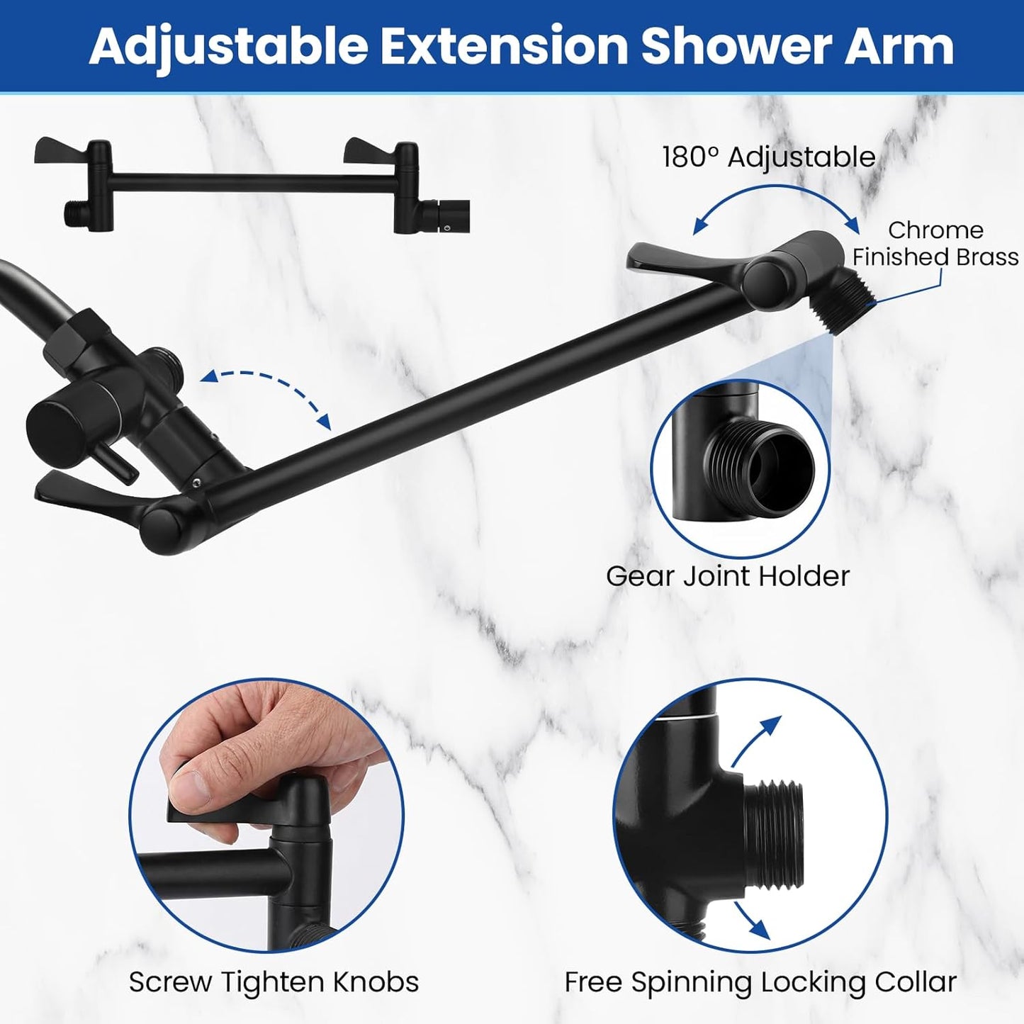 Shower Head, 12‘’ High Pressure Rainfall/Handheld Shower Combo with 11'' Extension Arm, 9 Settings, Anti-Leak Shower Head with Holder, Height/Angle Adjustable, Matte Black