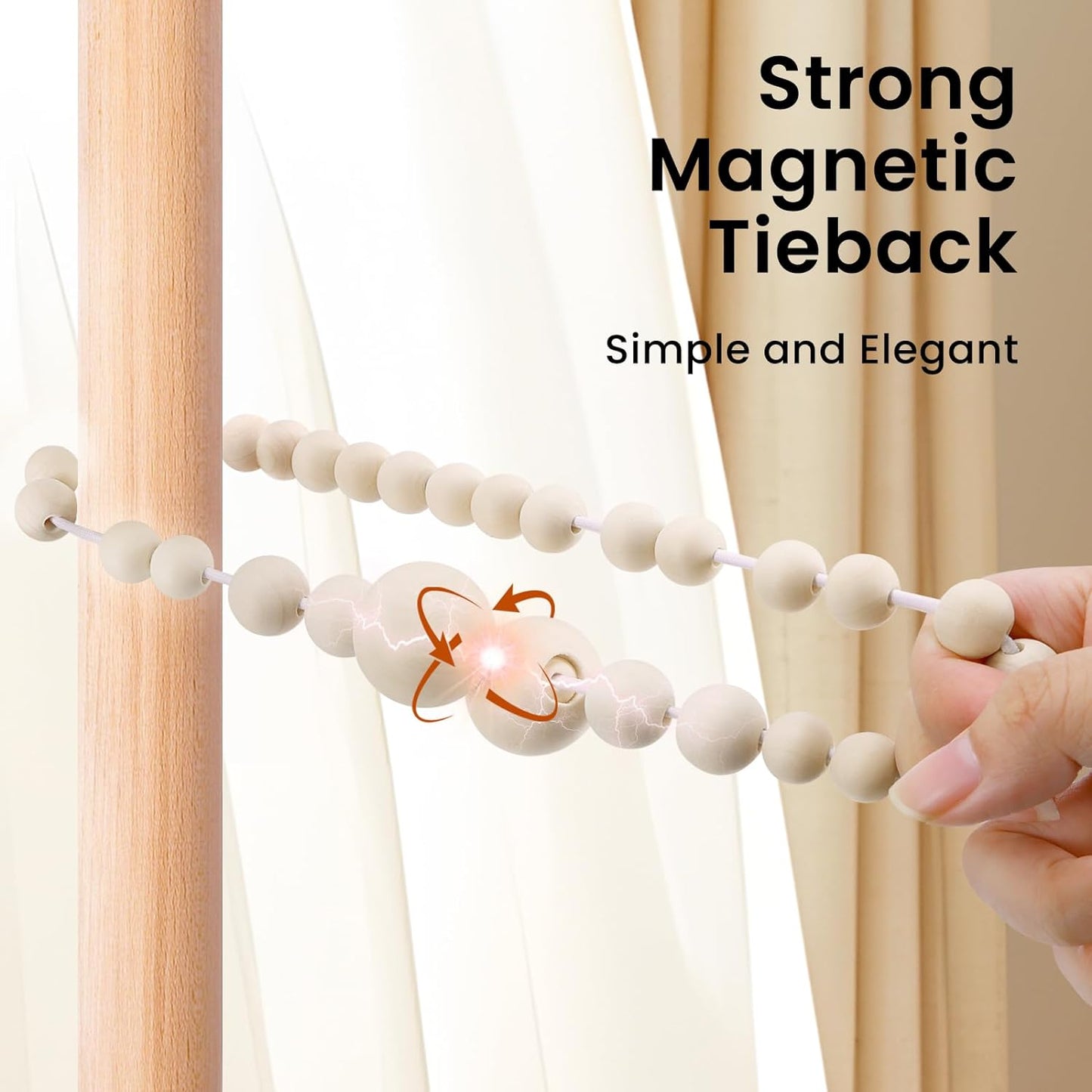 Magnetic Curtain Tiebacks, Curtain Holdbacks for Curtains 2 Pack, Wood Bead Curtain Holders for Boho Bedroom Decor, Baby Nursery Decor, Farmhouse Decor