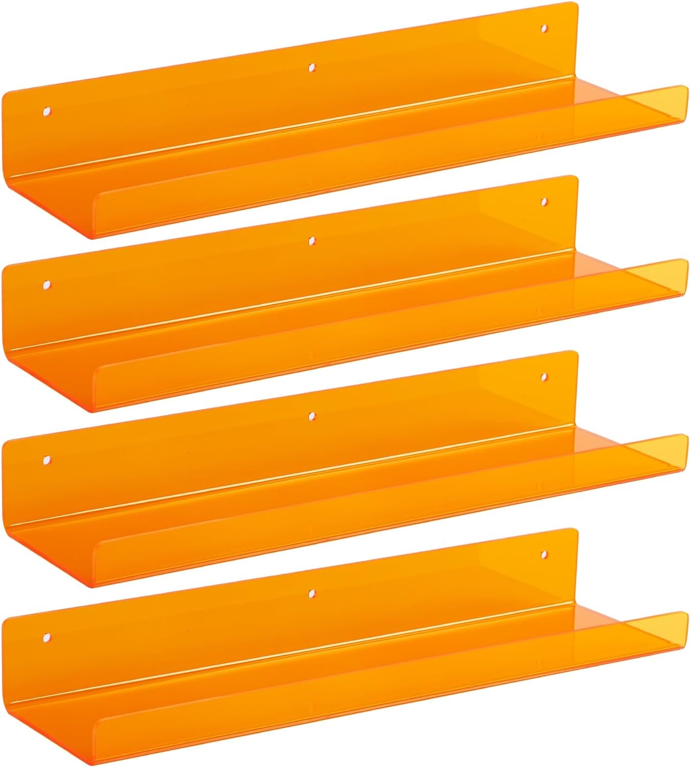 Acrylic Shelves for Wall Decor, 15" Display Shelf Perfume Organizer for Bathroom, Bedroom, Living Room, Floating Bookshelves for Kids, Clear Orange, 4 Pack