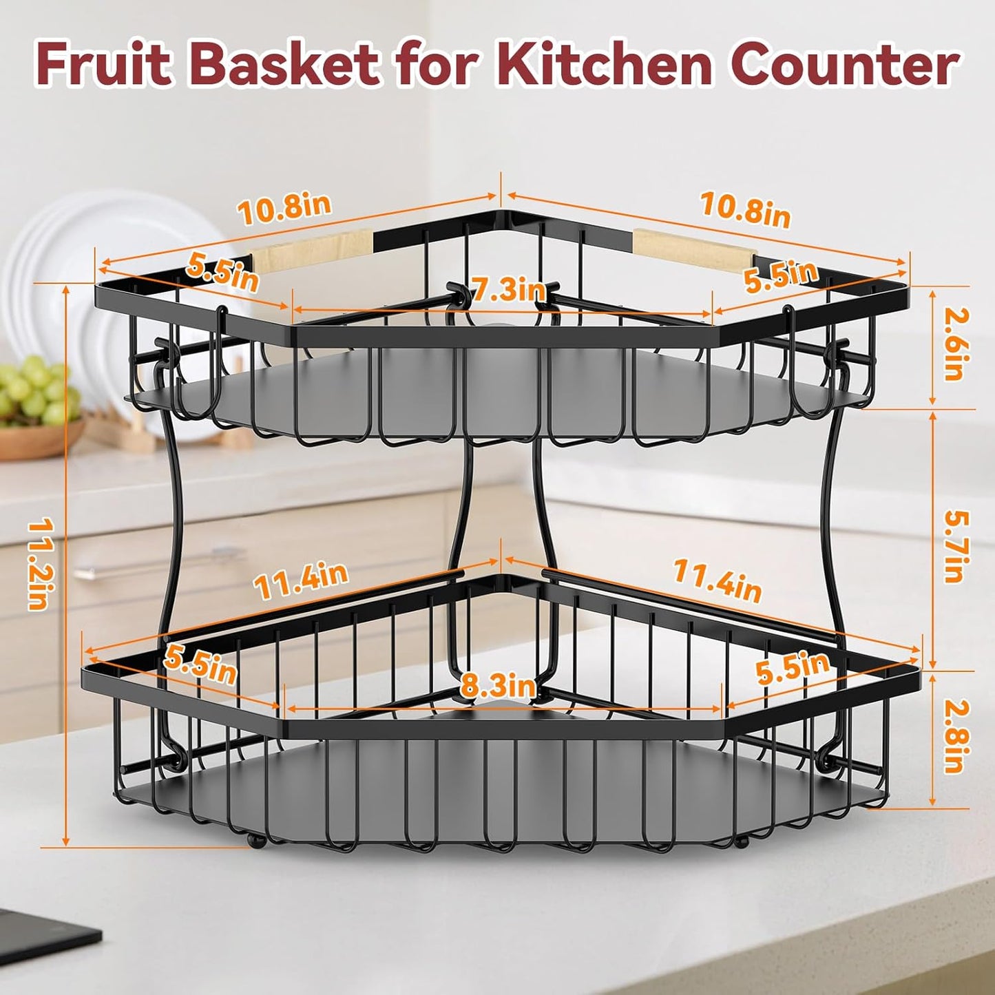 2 Tier Fruit Basket for Kitchen Counter - Detachable Metal Fruit Bowl with 2 Banana Hangers for Corner , Large Capacity Fruit Stand with Wooden Handle for Bread Fruit and Vegetable Storage