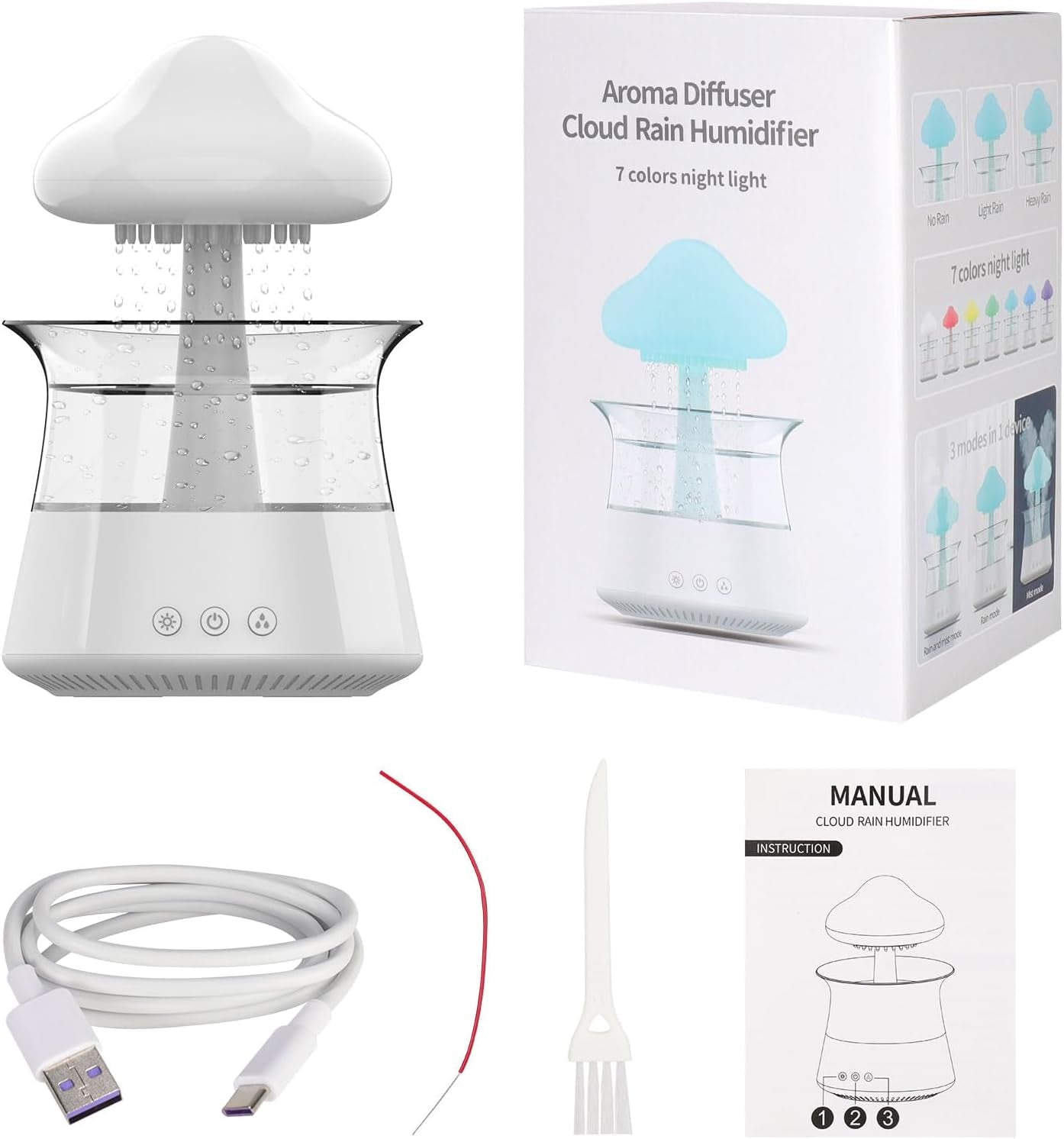 Cloud Rain Humidifier for Bedroom with Soothing Rain Sounds Sleep Aid, Waterfall Night Light, Mushroom Design Air Moisturizer,Room Decor Aesthetic for Living Room (White)