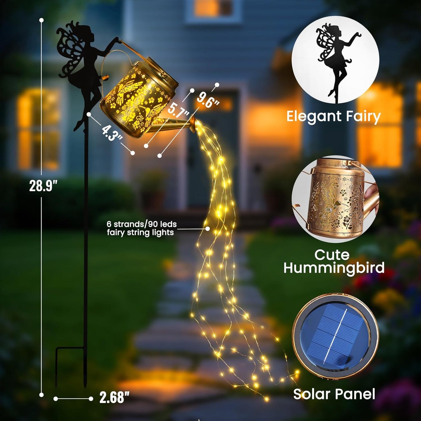 Solar Lights Outdoor Waterproof, Fairy Solar Garden Lights Outdoor Decoration, Hummingbird Solar Watering Can Light Gardening Gifts for Mom Grandma 2 Packs