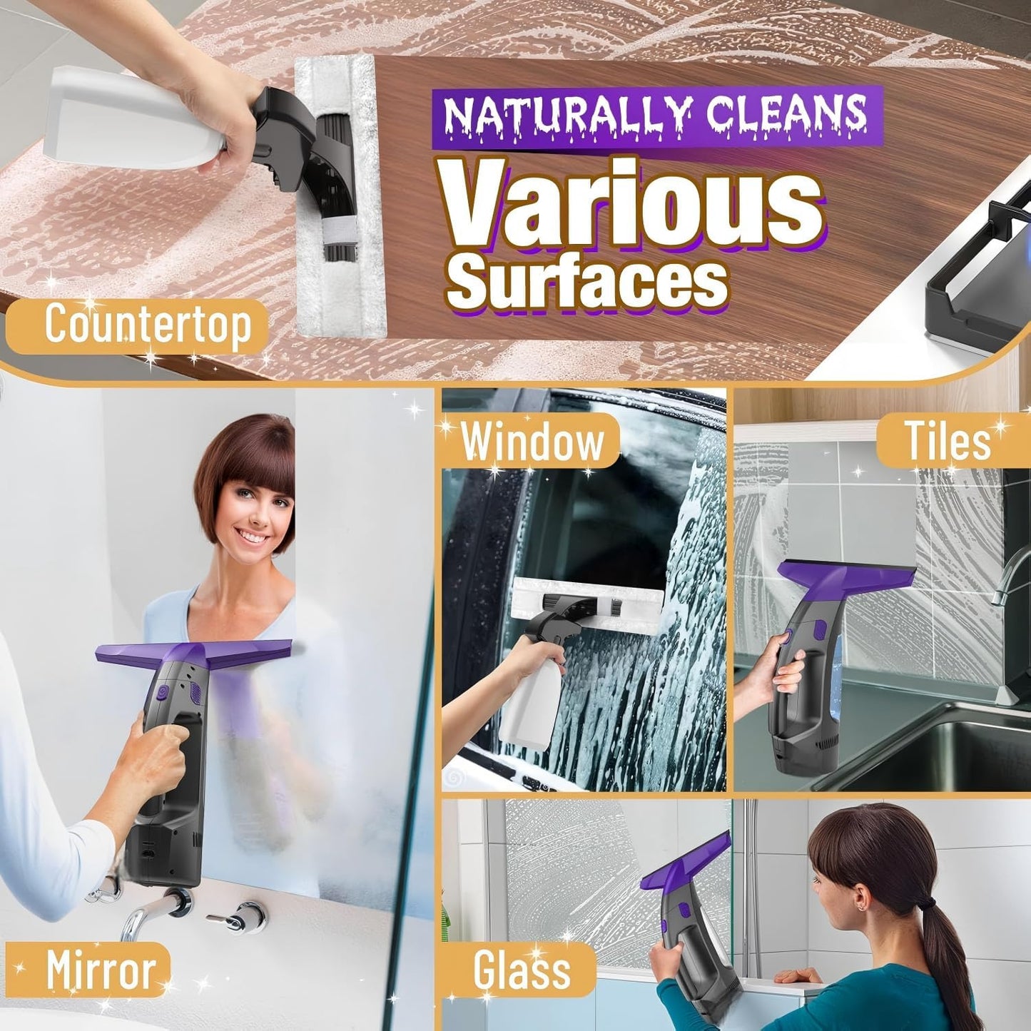 Window Vacuum Squeegee Cordless, 2000Pa Electric Window Cleaner with Power Blade, Vacuum Squeegee for Window Cleaning, Streak-Free Window Vacuum with 360Ml Spray Bottle for Windows, Mirrors, Tiles