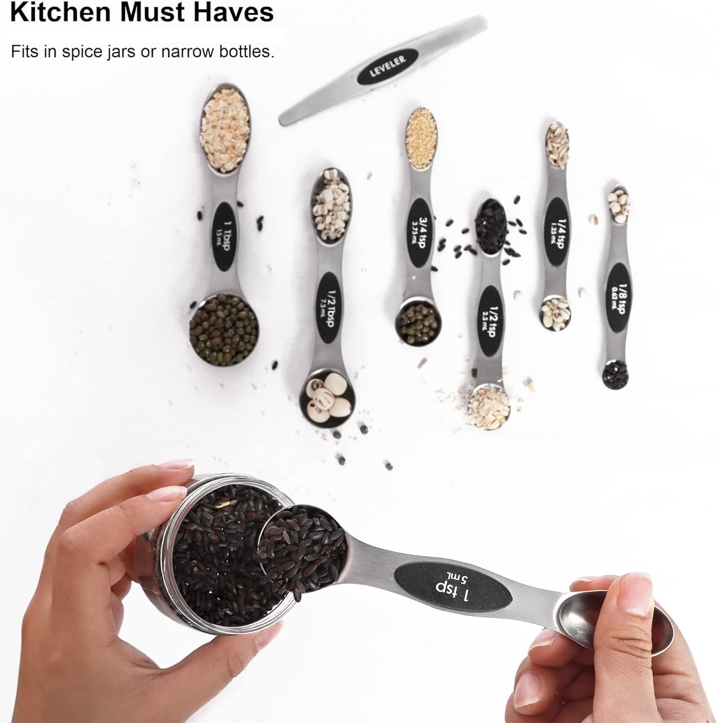 Magnetic Measuring Spoons Set Stainless Steel with Leveler-9Pcs Stackable Metal Tablespoon Measure Spoon for Baking-Measuring Cups and Spoon Set Kitchen Gadgets Apartment Essentials Fits in Spice Jars