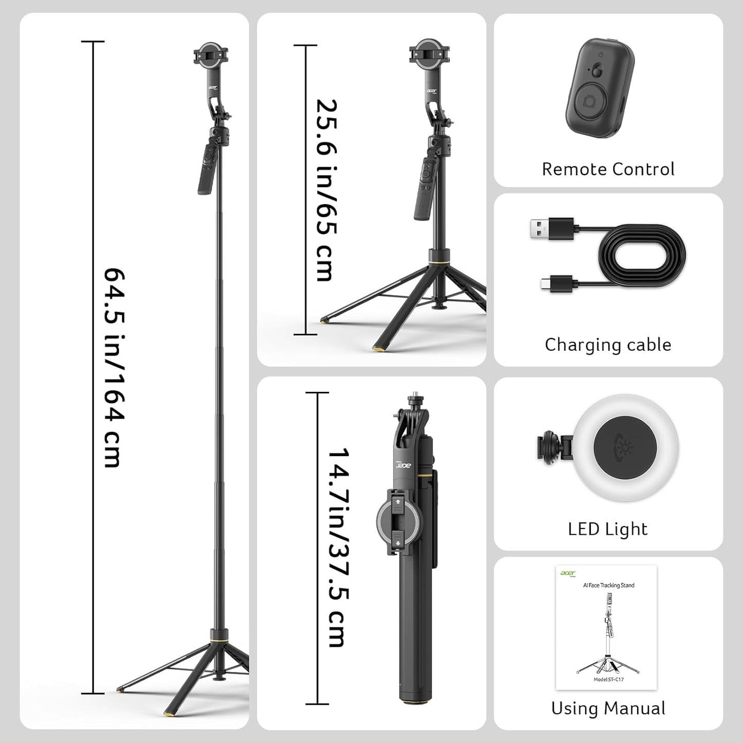 Gadget Auto Face Tracking Tripod for Iphone – Magnetic Phone Mount Gesture Control Detachable Mini Ring Light 64" 360 Degree AI Tracking Phone Tripod for Vlogging Youtube Tiktok Video Recording