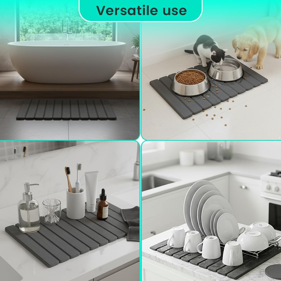 Stone Dish Drying Mat for Kitchen Counter - Fast-Drying 24"(L)×16"(W) Collapsable Diatomaceous Mat with Four Matching Stone Coasters - Versatile Stone Drying Mat for Cups, Dishes, Bottles