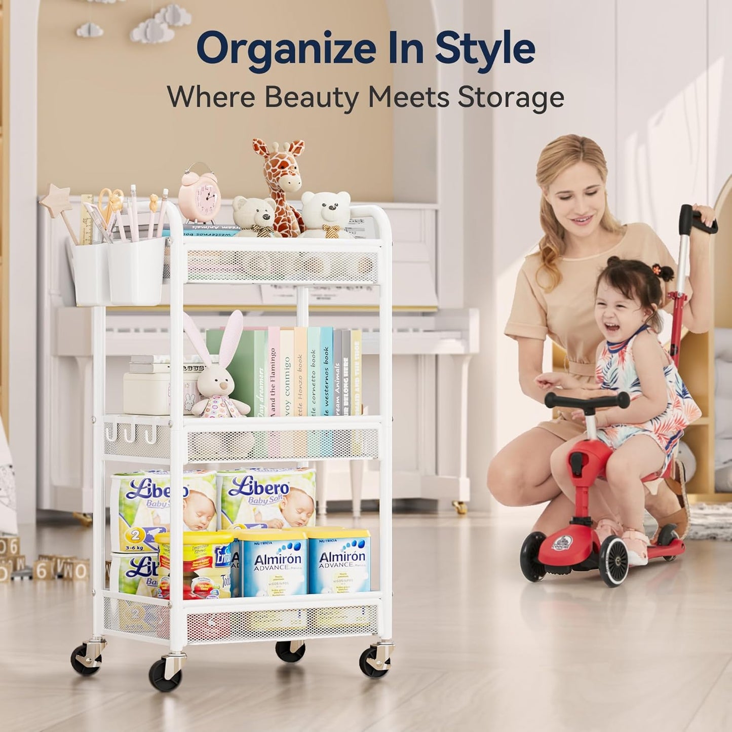 3 Tier Rolling Cart – Metal Utility Storage Carts with Wheels, Craft Carts Organizer with Hanging Cups, Hooks, Mesh Basket for Bedside Kitchen Office Art, White