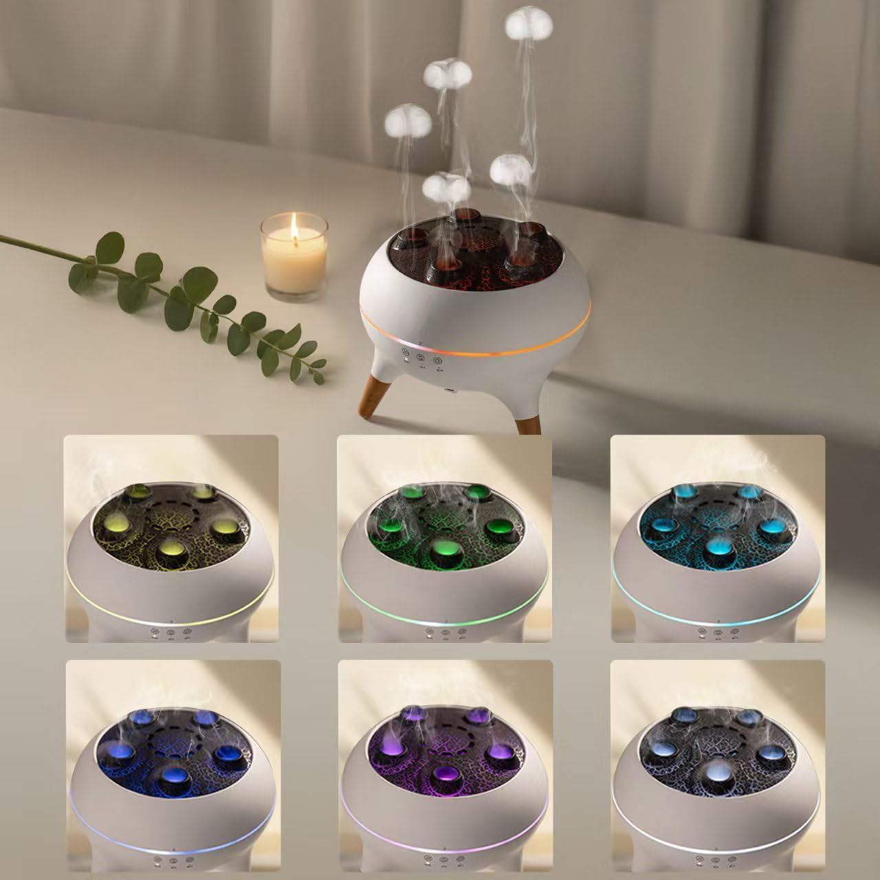 Mushroom Cloud Humidifier, Aromatherapy Essential Oil Diffuser with Sound-Activated Mode, 7-Smoke Modes Jelly Fog & Color LED, Large Water Tank with Auto-Shutoff, for Home Bedroom Office Yoga Studio​
