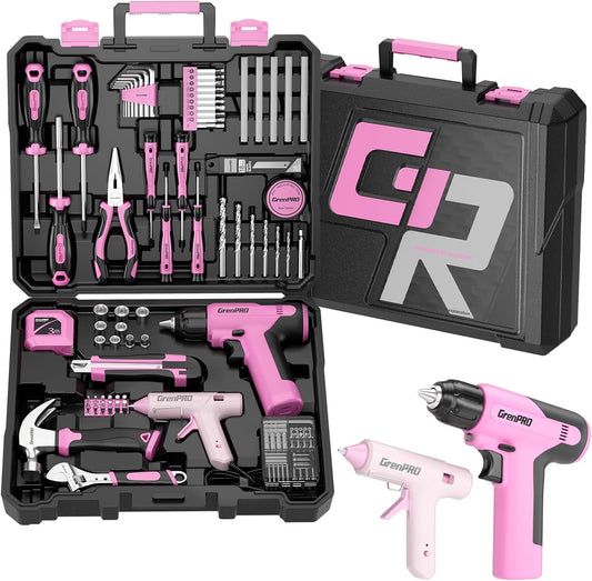 Pink Tool Set Drill Set, 188PCS Tool Kit for Home with Pink Cordless Drill Power, Hand Tool Kit for Women, Basic Household Auto Car Repair Tool Box for Men, Portable Storage Box Tools Sets