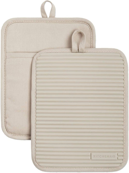 Ribbed Soft Silicone Pot Holder 2-Pack Set, Milkshake Tan, 7"X9"