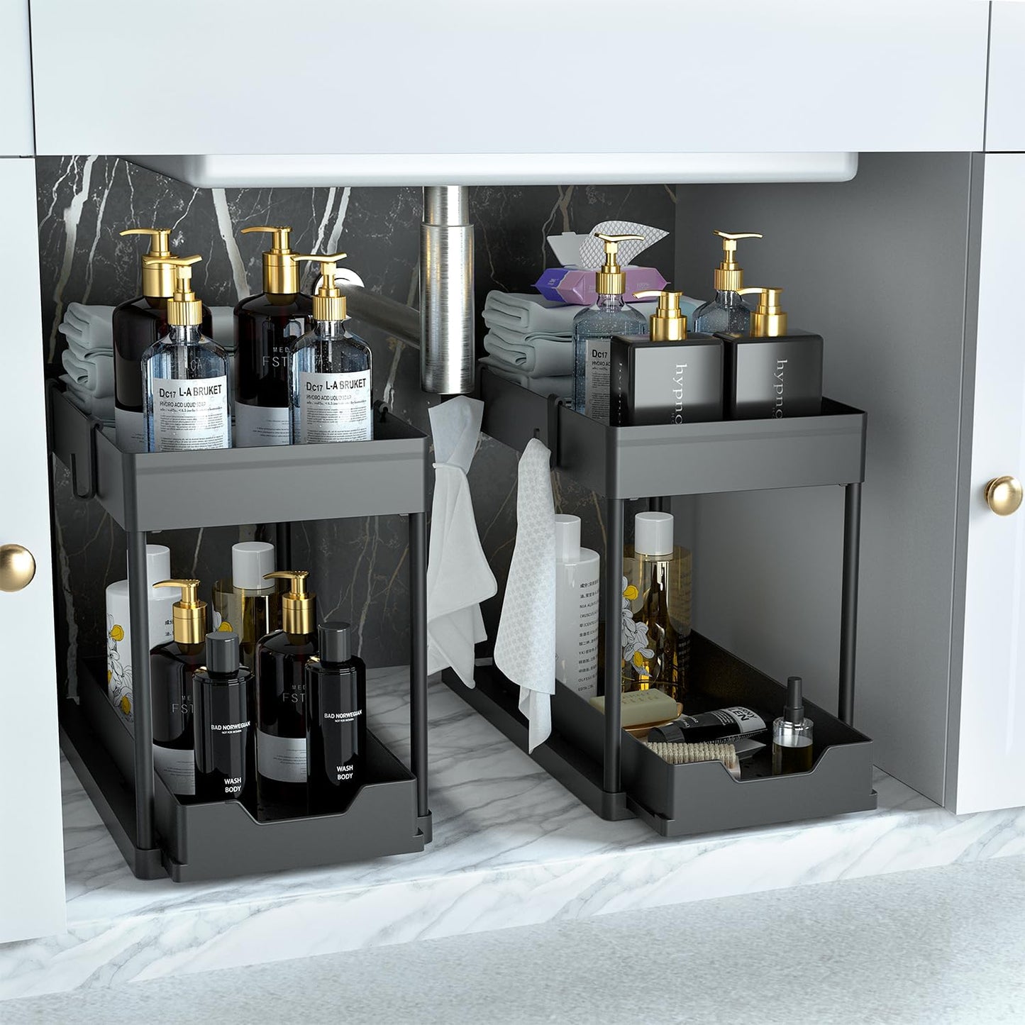 under Sink Organizer 2 Pack, Bathroom Cabinet Organizer, 2 Tier Sliding Cabinet Basket Organizer Drawer, Multi-Purpose Bath Collection Baskets for Bathroom (Black)