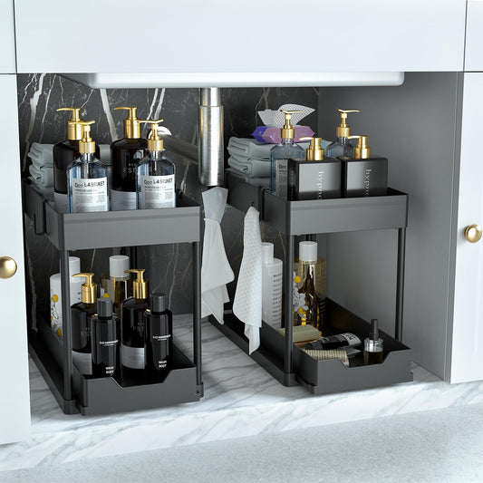 under Sink Organizer 2 Pack, Bathroom Cabinet Organizer, 2 Tier Sliding Cabinet Basket Organizer Drawer, Multi-Purpose Bath Collection Baskets for Bathroom (Black)