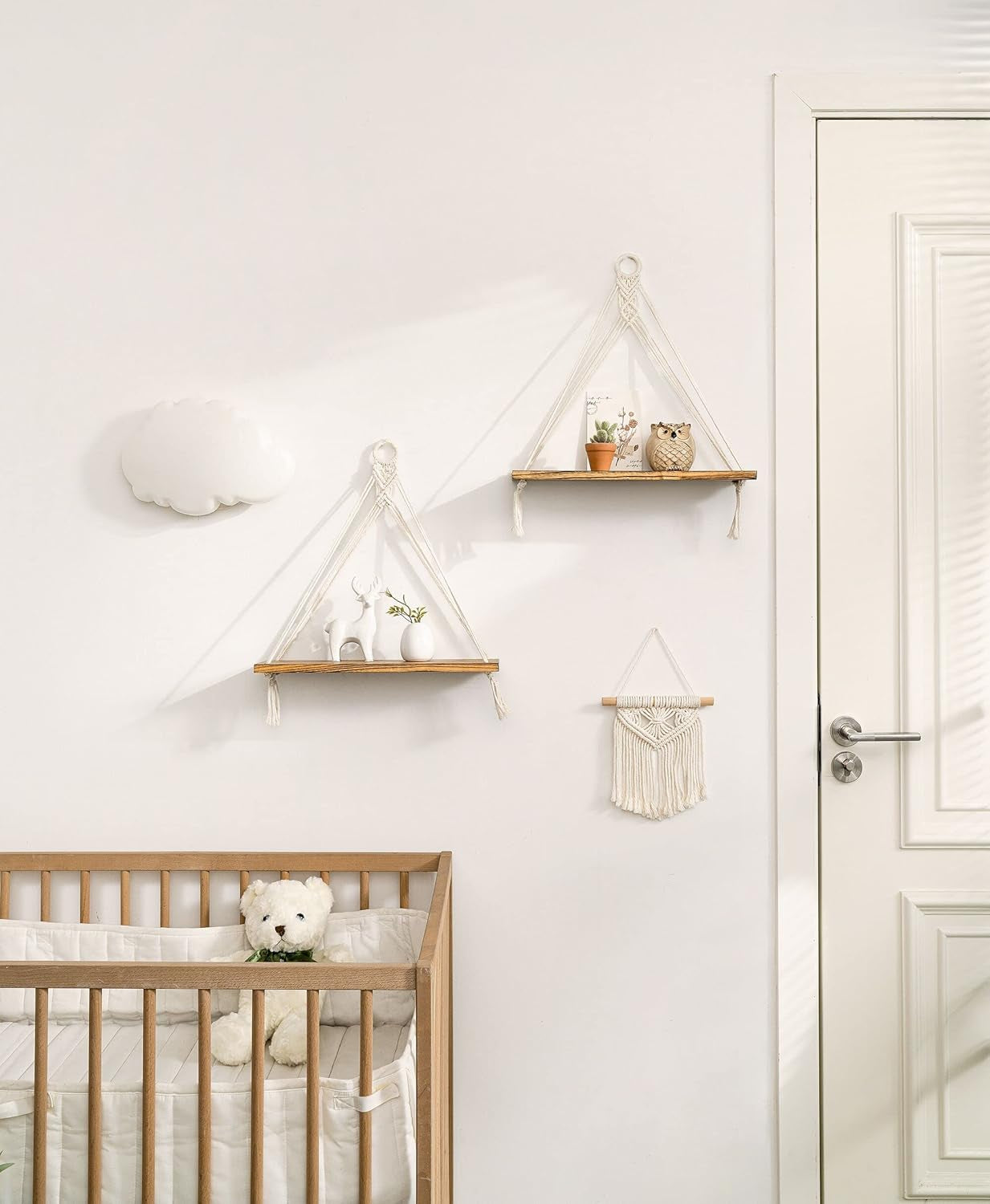 Macrame Hanging Shelves Boho Wall Decor Set of 2 Rustic Wood Floating Storage Shelf for Bedroom Bathroom Living Room Nursery Dorm Room, Display Shelving for Hanging Plants Photos