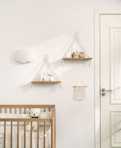 Macrame Hanging Shelves Boho Wall Decor Set of 2 Rustic Wood Floating Storage Shelf for Bedroom Bathroom Living Room Nursery Dorm Room, Display Shelving for Hanging Plants Photos
