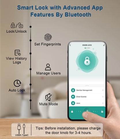 Fingerprint Door Lock, Smart Fingerprint Door Knob with Keypad, Biometric Door Lock with App Control, Auto Lock Door Lock with Code, Keyless Door Knob with Lock for Bedroom, Home,Office-Matte Black