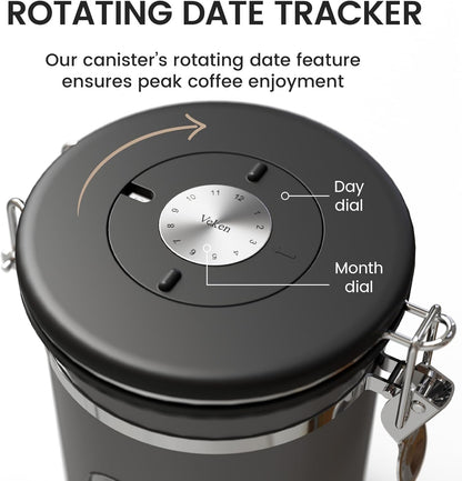 Large Coffee Canister with Window, Kitchen Food Storage Airtight Stainless Steel Container for 2.2Lbs Coffee Beans, Grounds, Rice,Tea, Flour, Cereal, Sugar Jars,Date Tracker and Scoop 39Oz,Black