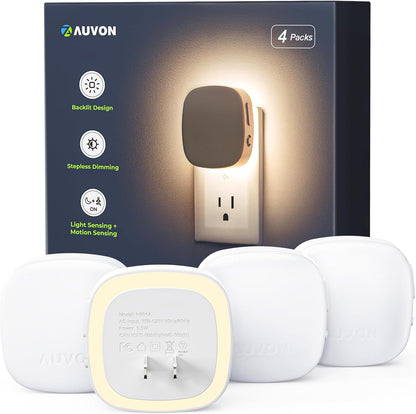 Plug-In LED Backlit Night Light with Motion Sensor & Dusk to Dawn Sensor, Dimmable Warm White Nightlight with 1-50 Lm Adjustable Brightness for Bedroom, Bathroom, Stairs, Hallway (4 Pack)