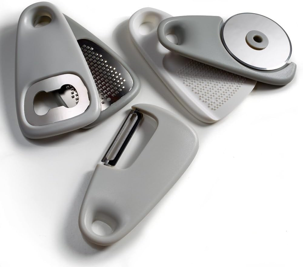 Portofino Kitchen Gadgets Set 5 Pieces, Includes Pizza Cutter, Cheese Grater, Vegetable Peeler, Bottle Opener, Garlic Grinder, RV Kitchen Accessories, Space Saving Design, Dishwasher Safe
