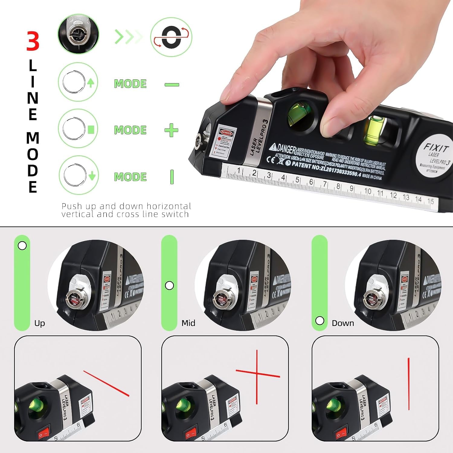 Laser Level Line Tool, Standard Cross Line Laser Leveler Beam Tool with Metric Rulers 8Ft/2.5M, Multipurpose Laser Level Kit for Flooring & Tile Installation