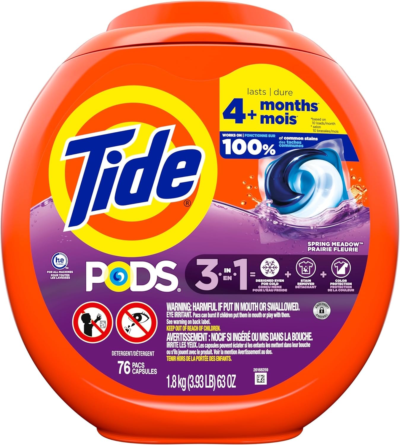 PODS Laundry Detergent Pacs, 3-In-1 Stain Remover, Odor Fighter, Color Protector, 76 Count, HE Compatible, Spring Meadow Scent
