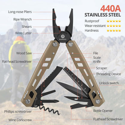 Multitool 17-In-1 Stainless Steel Multi Tool with Pocket Knife Needle Nose Pliers Bottle Opener Screwdriver Self-Locking Professional Multi-Tool for Outdoor Survival Gifts for Men(Brown)