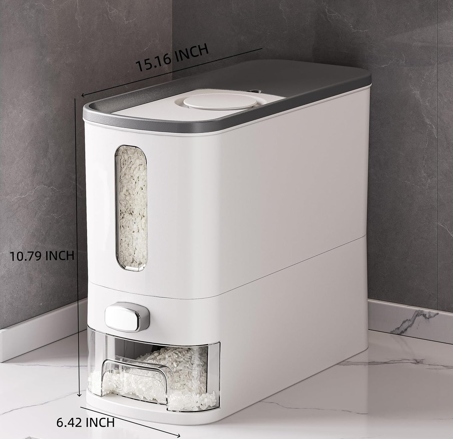 Rice Dispenser 12 Lbs,Large Cereal Dry Food Storage Containers Rice Storage Container Sealed Moisture Proof with Measuring Cup for Kitchen Pantry Household, White and Grey