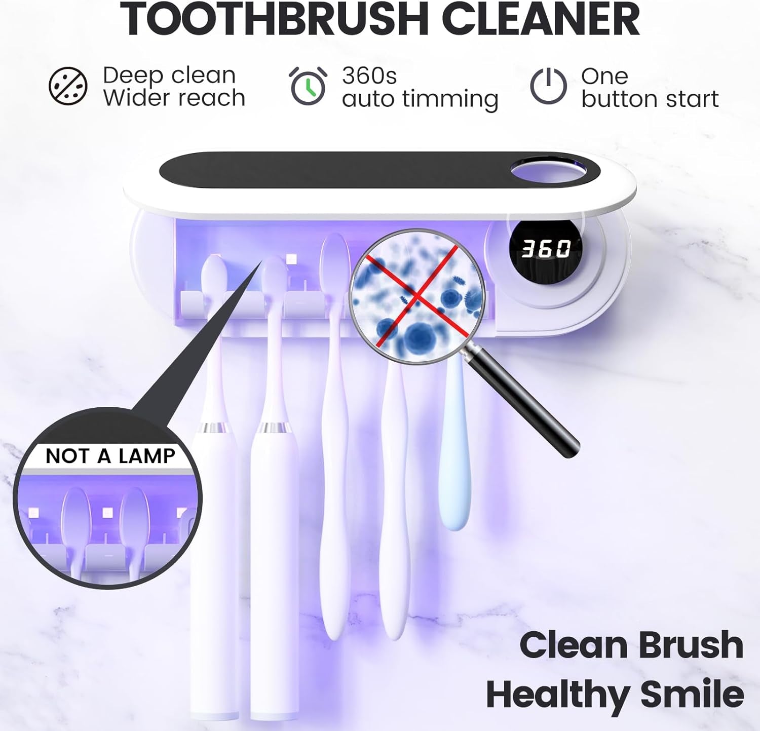 Toothbrush Holder, 5 Toothbrush Slots & Timer Function, Cordless Wall Mounted Toothbrush Holders for Bathrooms