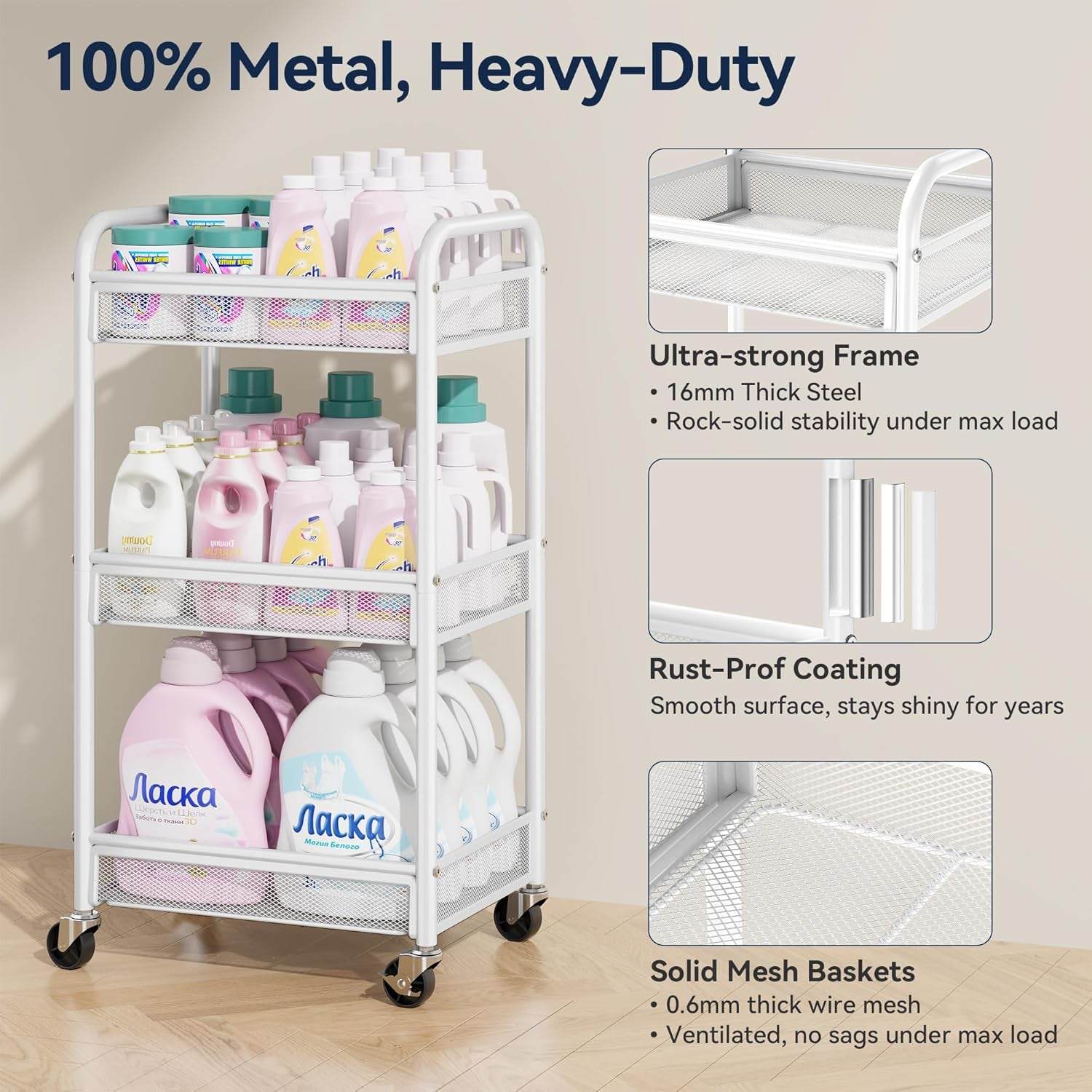 3 Tier Rolling Cart – Metal Utility Storage Carts with Wheels, Craft Carts Organizer with Hanging Cups, Hooks, Mesh Basket for Bedside Kitchen Office Art, White