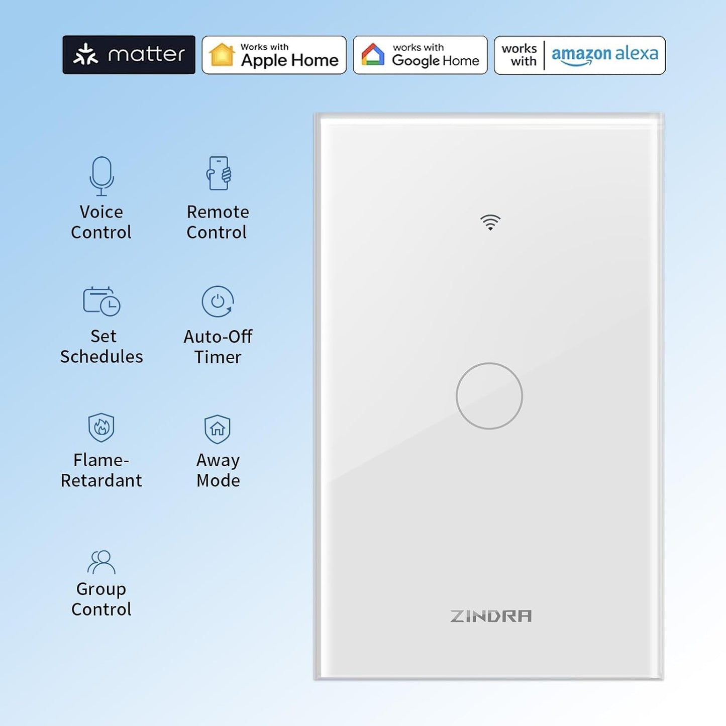 Smart Matter Light Switch, 2.4G Wifi Touch Wall Switch (Neutral Wire Required), Single-Pole Smart Switch Works with Apple Home, Alexa, Google Home & Smartthings, Tempered Glass Panel, White