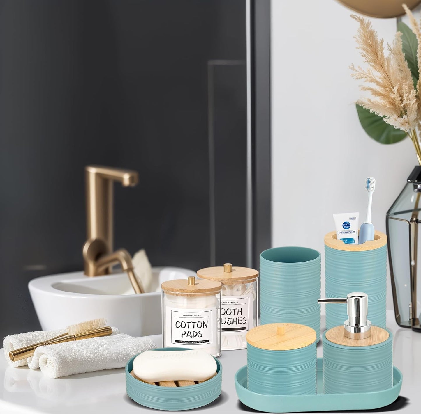 Bathroom Accessories Set 11Pcs,Complete Bathroom Organizer with Trash Can,Soap Dispenser,Toothbrush Holder,Toilet Brush & Qtip Holders,Modern Plastic Bathroom Decor for Home & Apartment (Blue)