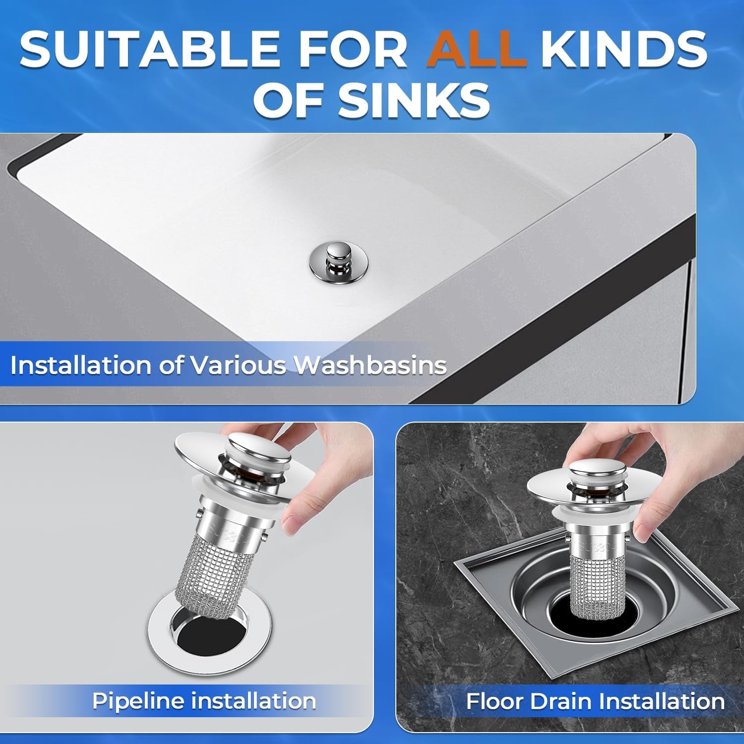 Sink Stopper Hair Catcher,(2Pcs) Pop-Up Sink Drain Strainer with Removable Stainless Steel Strainer Basket Hair Catcher, Bathroom Sink Strainer for Bathroom Sink Stopper Replacement