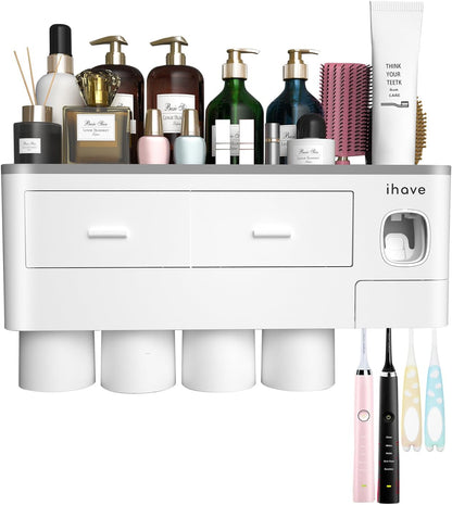 Toothbrush Holders for Bathrooms, 4 Cups Toothbrush Holder Wall Mounted with Toothpaste Dispenser - Large Capacity Tray, 2 Cosmetic Drawer - Bathroom Organizer & Bathroom Accessories Set