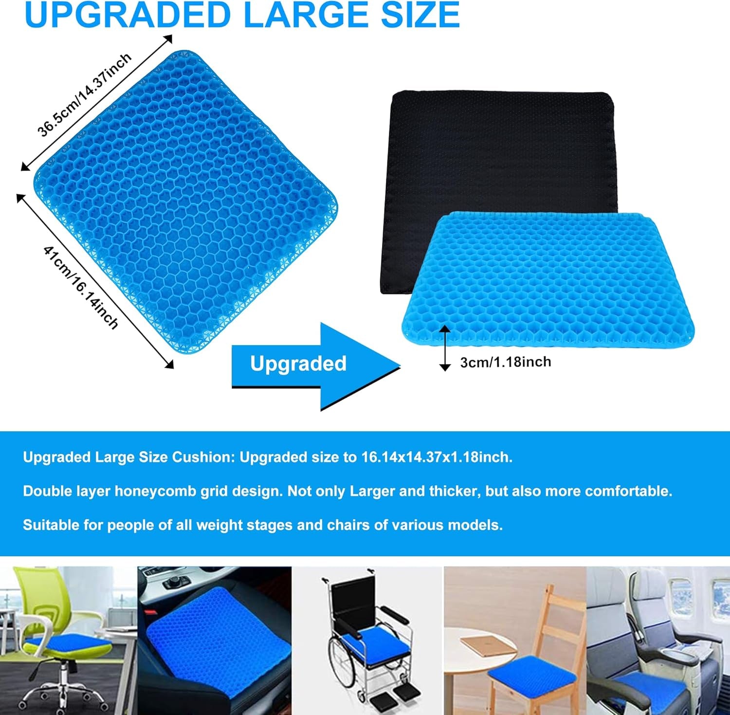 Gel Seat Cushion, Double Thick Egg Gel Cushion for Pressure Pain Relief, Breathable Wheelchair Cushion Chair Pads for Car Seat Office Chair Blue
