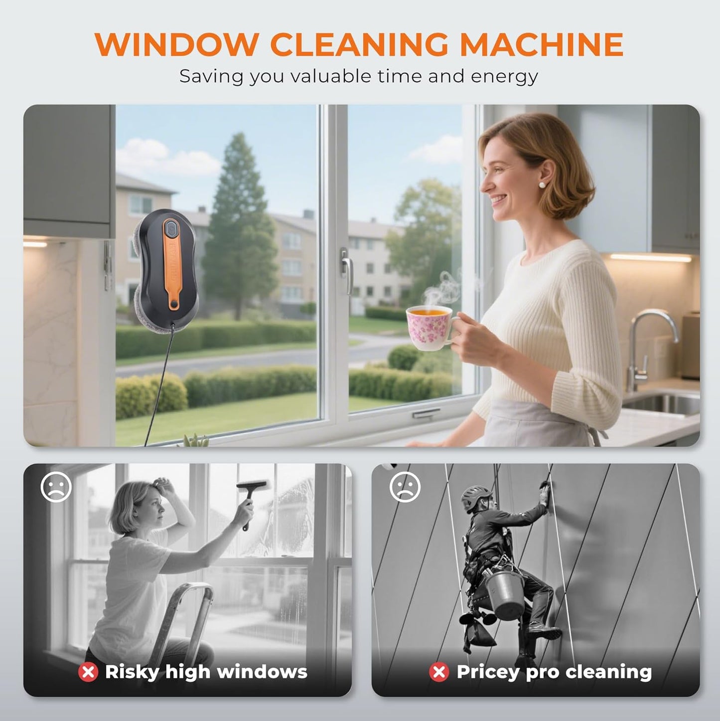 Window Cleaning Robot with Dual Water Spray, APP and Remote Control, Automatic Window Cleaner with Leather Belt for Frame Glass, Triple Safety System, Smart Path Detection