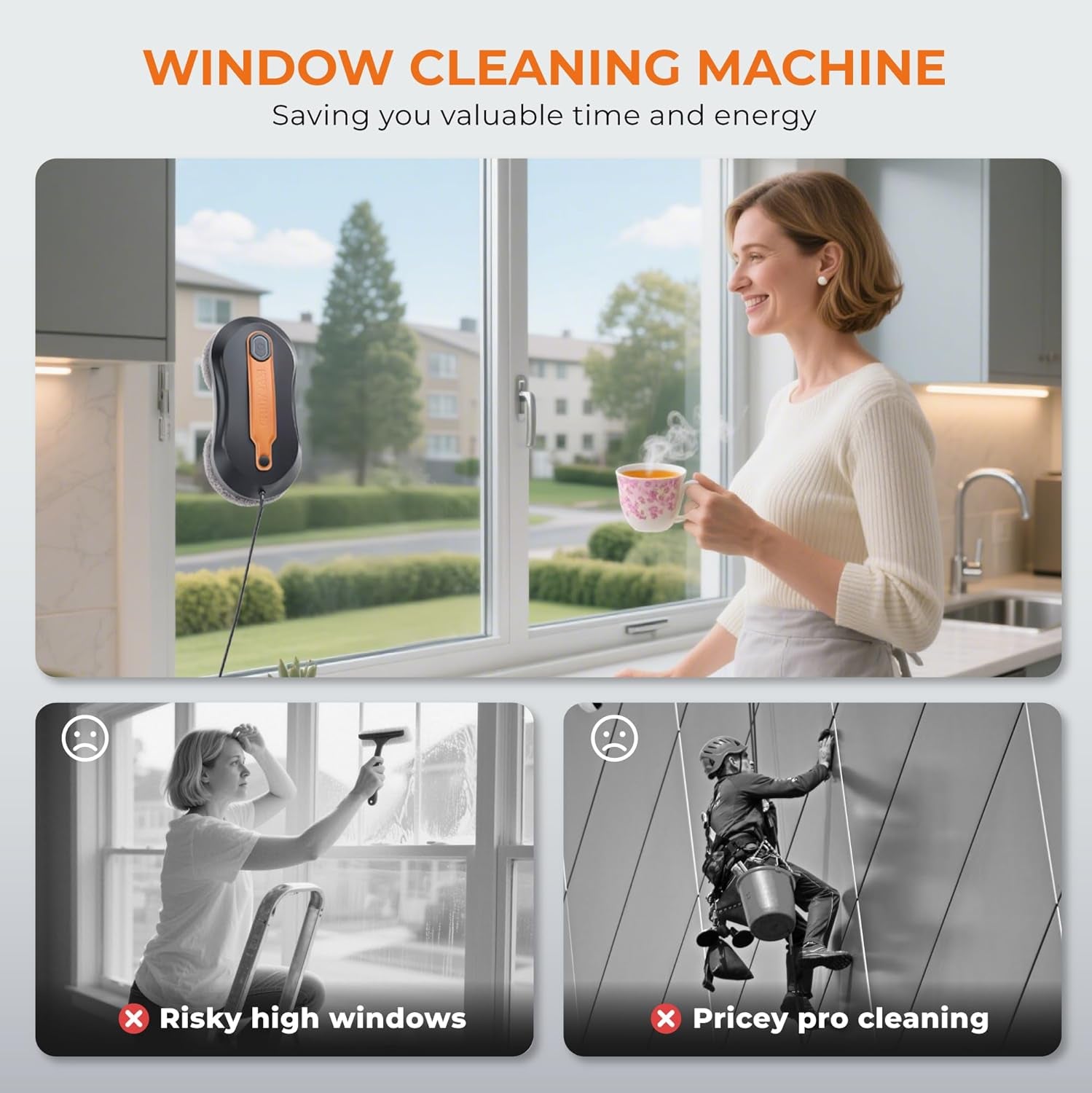 Window Cleaning Robot with Dual Water Spray, APP and Remote Control, Automatic Window Cleaner with Leather Belt for Frame Glass, Triple Safety System, Smart Path Detection