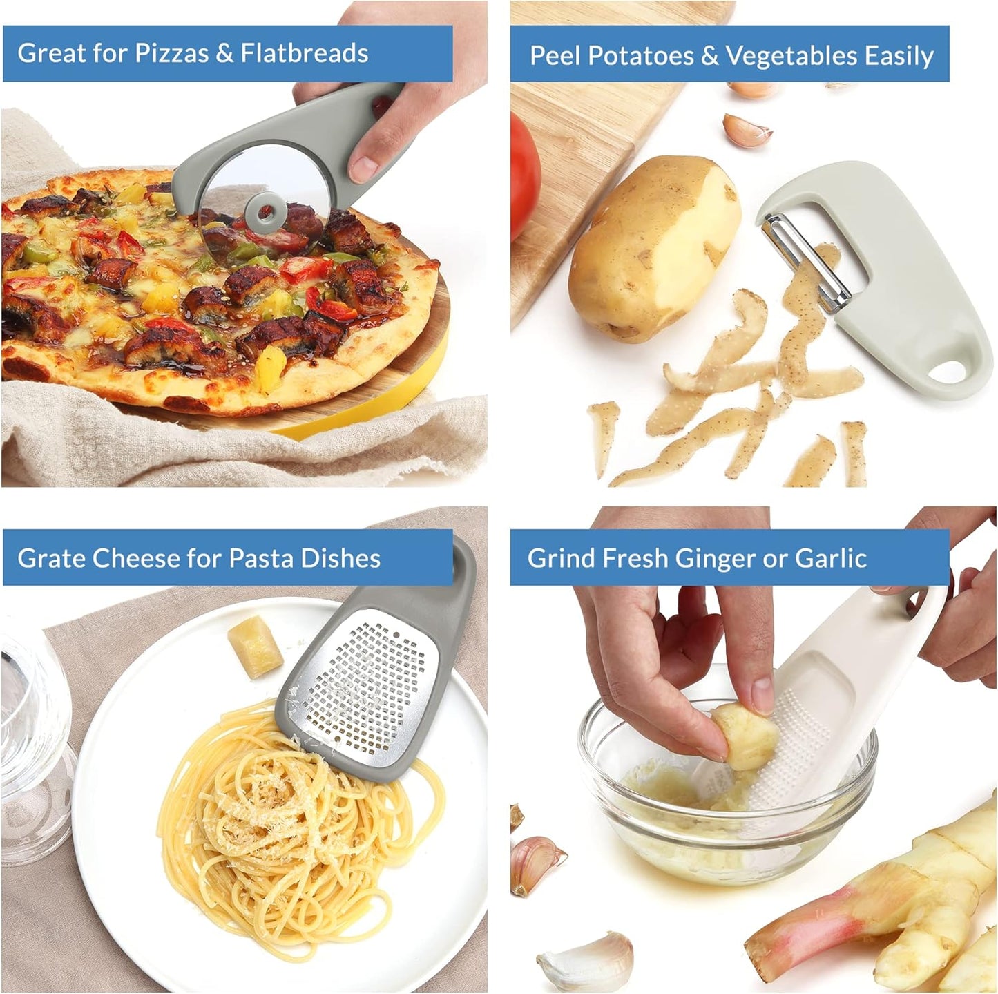 Portofino Kitchen Gadgets Set 5 Pieces, Includes Pizza Cutter, Cheese Grater, Vegetable Peeler, Bottle Opener, Garlic Grinder, RV Kitchen Accessories, Space Saving Design, Dishwasher Safe
