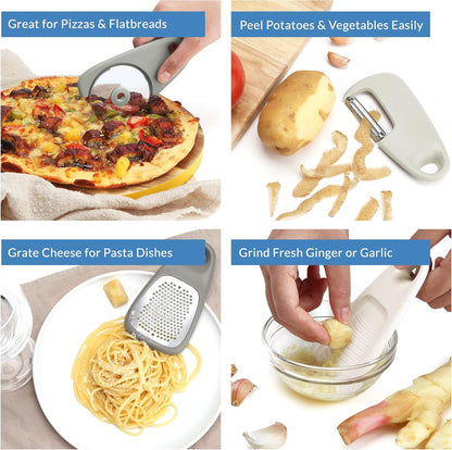 Portofino Kitchen Gadgets Set 5 Pieces, Includes Pizza Cutter, Cheese Grater, Vegetable Peeler, Bottle Opener, Garlic Grinder, RV Kitchen Accessories, Space Saving Design, Dishwasher Safe