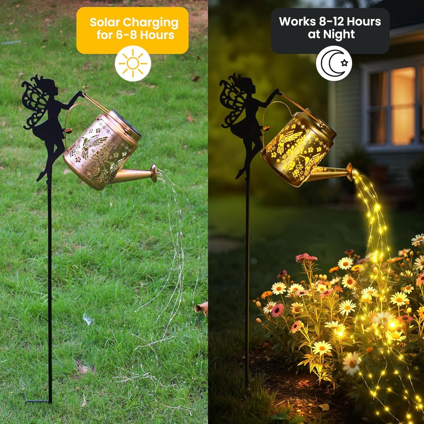 Solar Lights Outdoor Waterproof, Fairy Solar Garden Lights Outdoor Decoration, Hummingbird Solar Watering Can Light Gardening Gifts for Mom Grandma 2 Packs