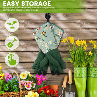 Gardening Gloves for Women, Comfortable Floral Long Sleeve Garden Gloves for Gardening and Outdoor Work, Durable Leather Long Gardening Gloves, Great Gift Ideas for Ladies, Green Print (Large)