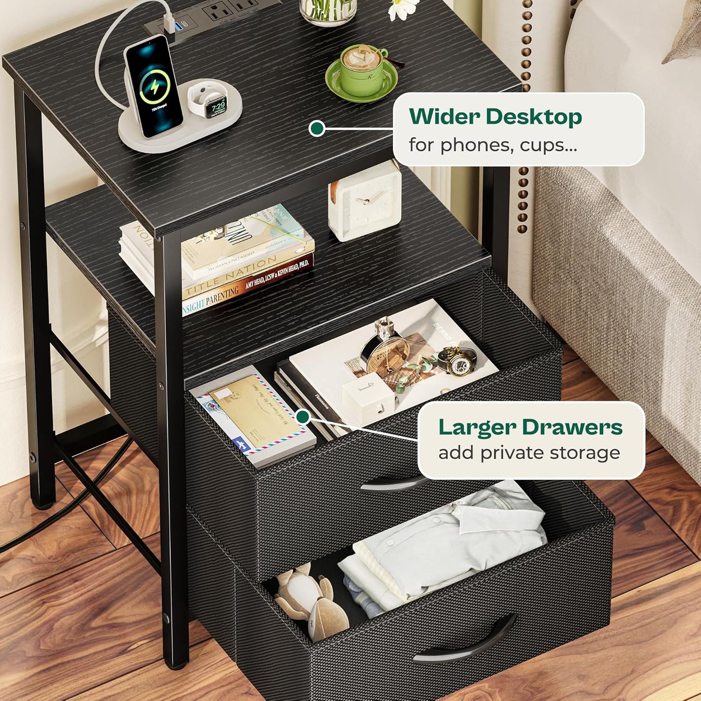Night Stand with Charger Station and LED Lights, 2 Drawer Nightstand, Bed Side Table with Open Shelf, End Table, Fabric Dresser for Bedroom, Black