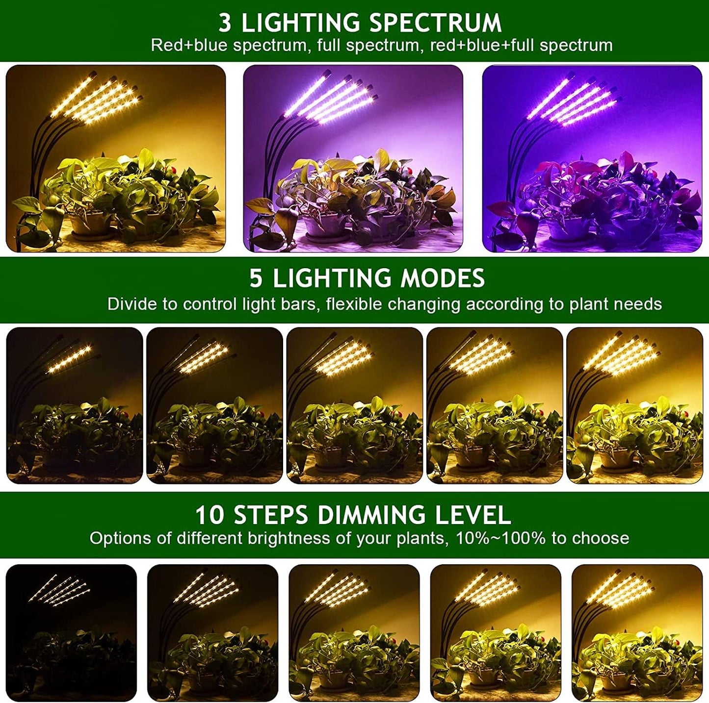 Grow Lights for Indoor Plants,5 Heads Red Blue White Full Spectrum Plant Light with 15-60" Adjustable Tripod Stand, Indoor Grow Lamp with Remote Control and Auto On/Off Timer Function