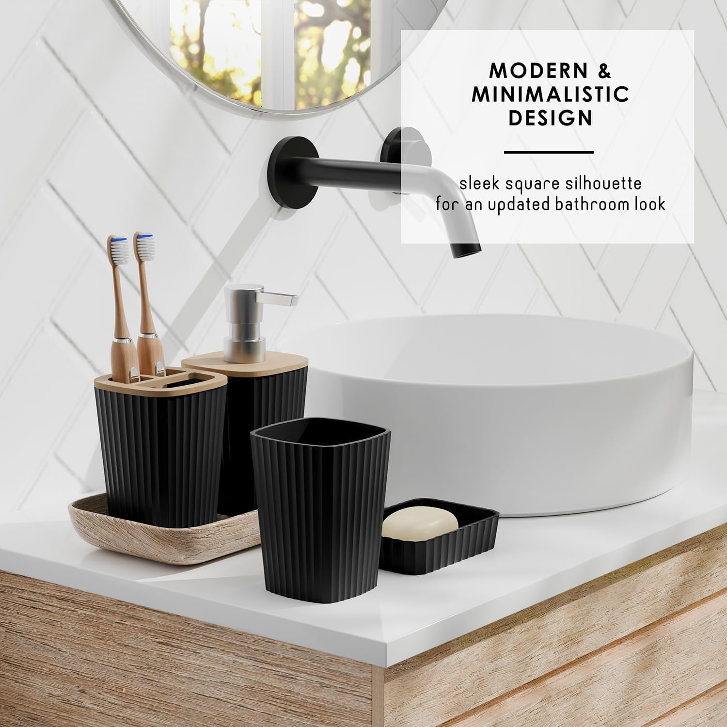 Bathroom Accessories Set - Bathroom Set, Bathroom Accessory Set, Shower Curtain Set, Toilet Brush, Trash Can & Soap Dispenser - Black - 20PC
