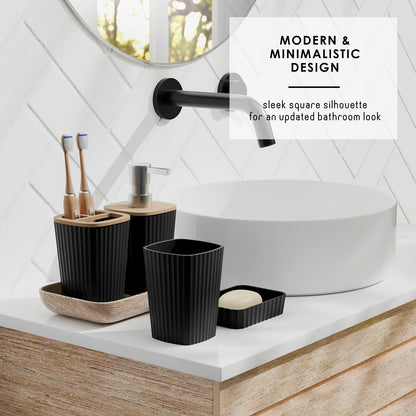 Bathroom Accessories Set - Bathroom Set, Bathroom Accessory Set, Shower Curtain Set, Toilet Brush, Trash Can & Soap Dispenser - Black - 20PC