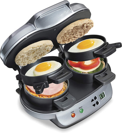 Dual Breakfast Sandwich Maker with Timer, Ready in 5 Minutes, Removable Dishwasher Safe Pfas-Free Non-Stick Egg Cooker Ring, Silver (25490MNA)