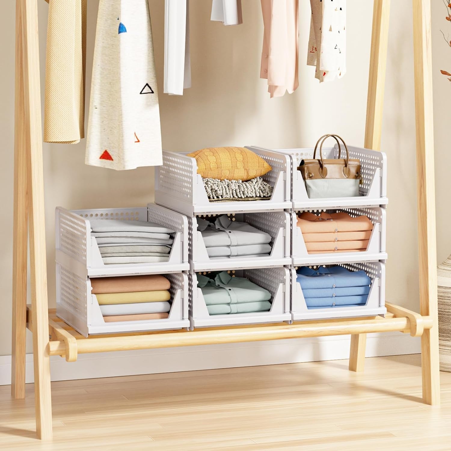 5 Pack Stackable Closet Storage Basket - Stackable Storage Bins, Multifunctional & Foldable Closet Organizer Waterproof, Wardrobe Cupboard Space-Saving Hat Storage Drawer Organizer, White