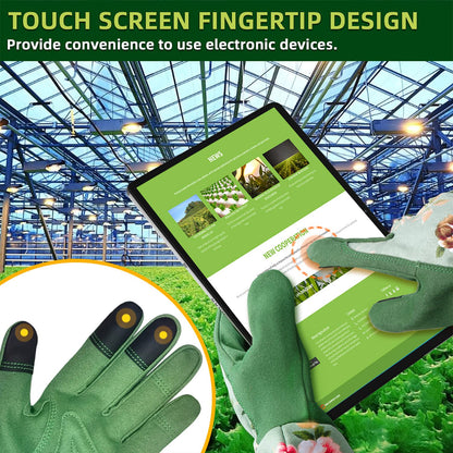 Gardening Gloves for Women, Comfortable Floral Long Sleeve Garden Gloves for Gardening and Outdoor Work, Durable Leather Long Gardening Gloves, Great Gift Ideas for Ladies, Green Print (Large)