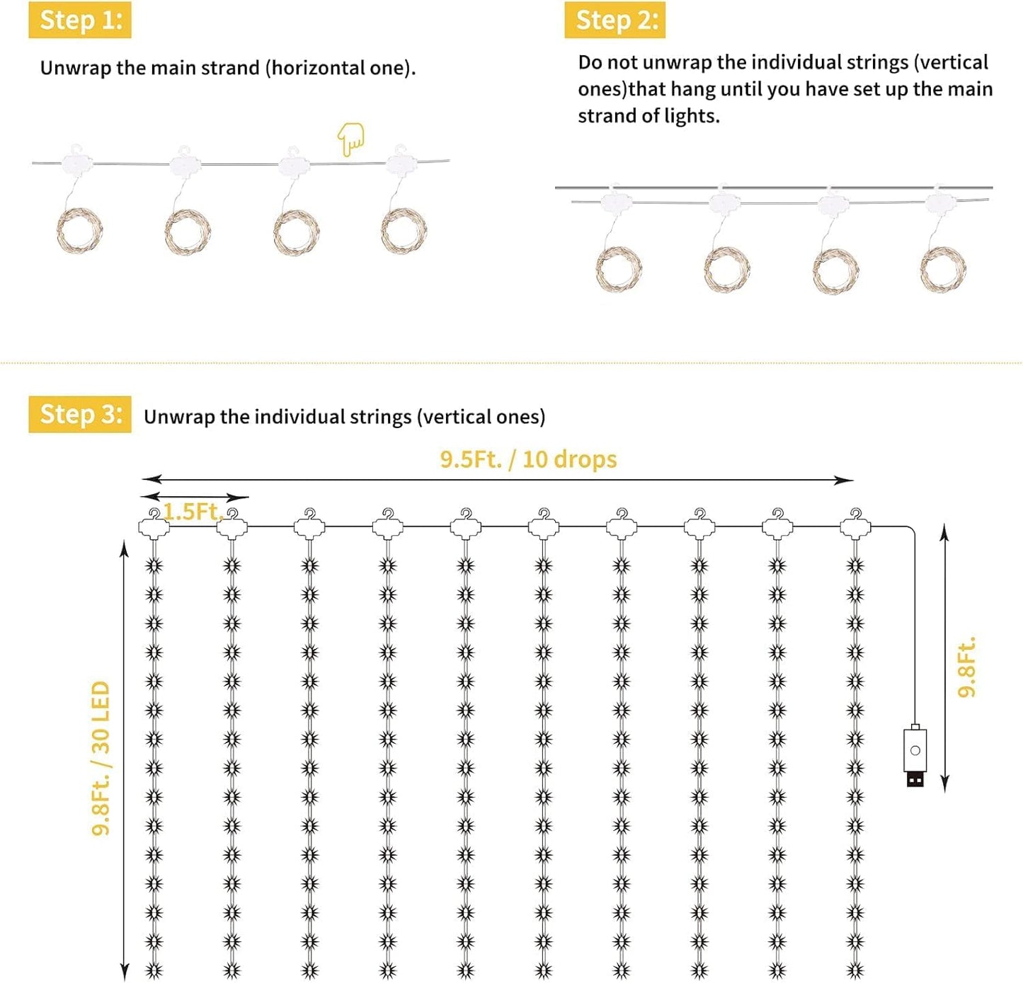 Curtain Lights, 300 LED Dimmable Fairy Lights Twinkle Lights with Remote and Timer, 8 Modes, USB Powered String Lights for Room Wall Party Xmas Indoor Decor, Warm White