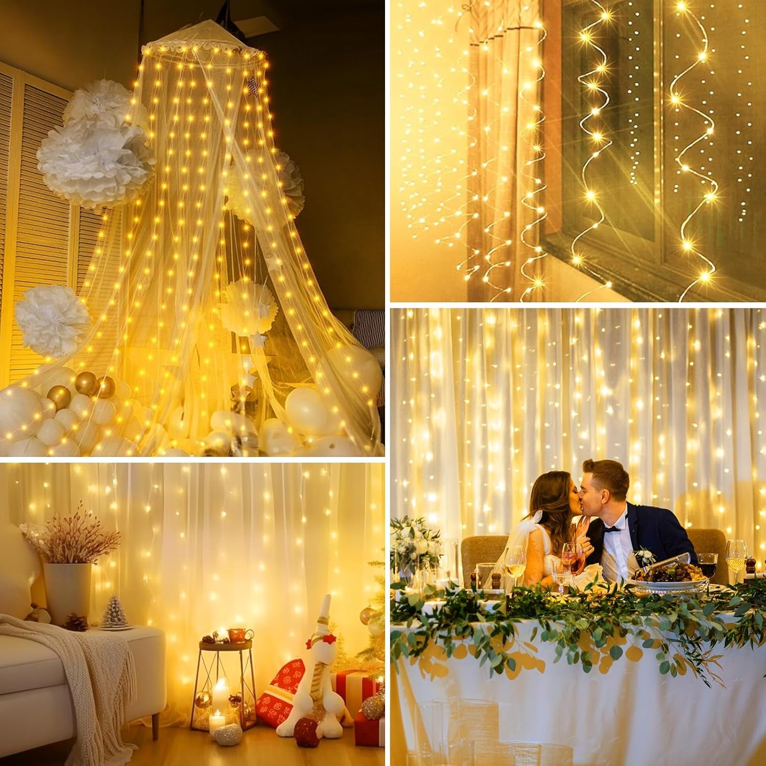 Curtain Lights, 300 LED Dimmable Fairy Lights Twinkle Lights with Remote and Timer, 8 Modes, USB Powered String Lights for Room Wall Party Xmas Indoor Decor, Warm White